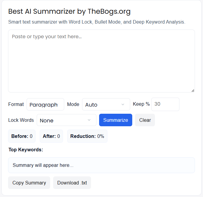 Free Online Text Summarizer Tool interface