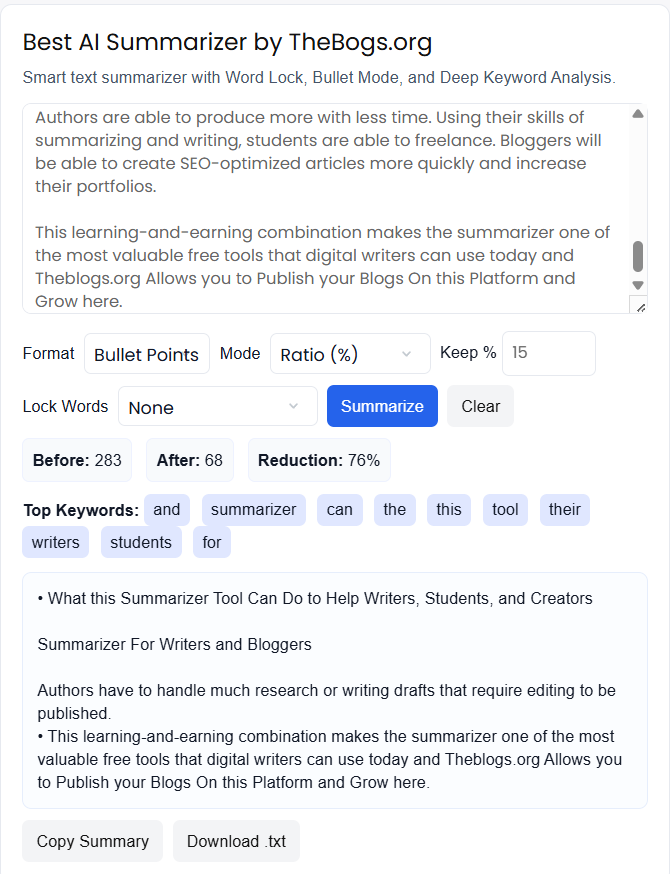 Paragraph converted into bullet points using summarizer
